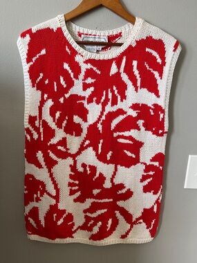 vintage Adrienne Vittadini sweater vest red and white leaf pattern cotton M